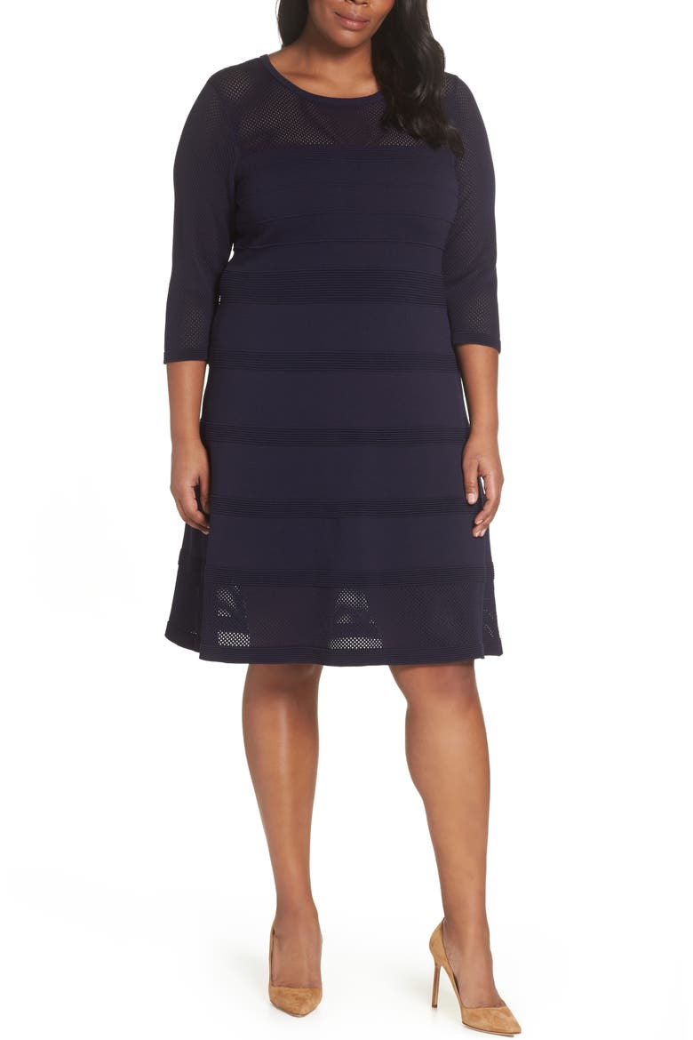 Mixed Stitch Pointelle Fit & Flare Dress, Main, color, NAVY