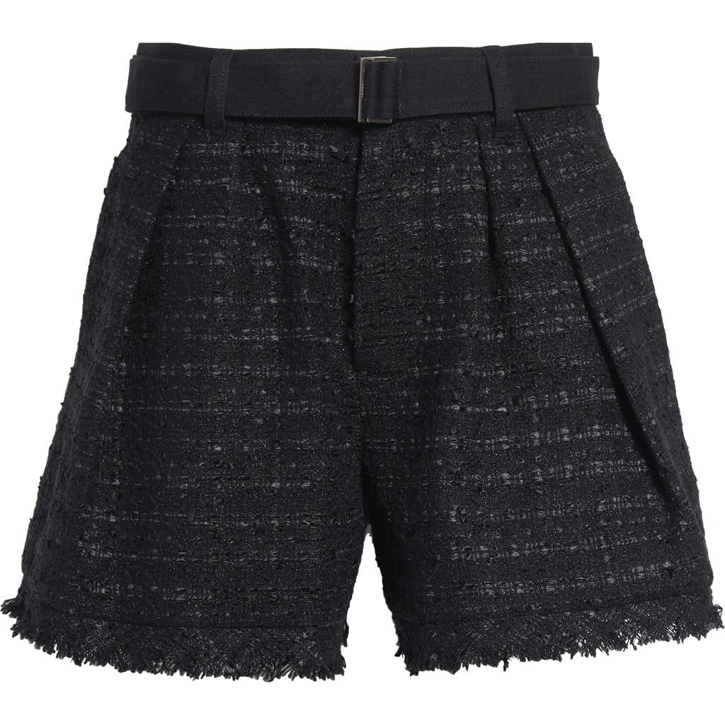 Sacai Womens Frayed-hem Belted Tweed Woven Shorts Black Black In Black/black
