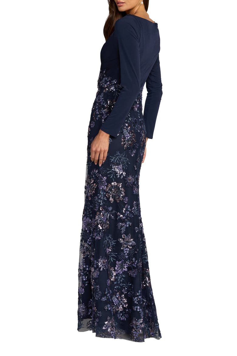 Petite Floral Embroidered Jersey Long Sleeve Gown, Alternate, color, Midnight Multi