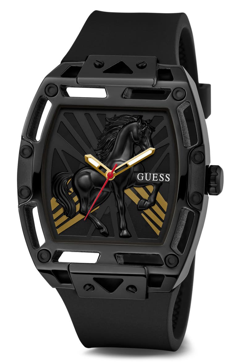 Legend Year of the Horse Tonneau Silicone Strap Watch, 44mm, Alternate, color, BLACK