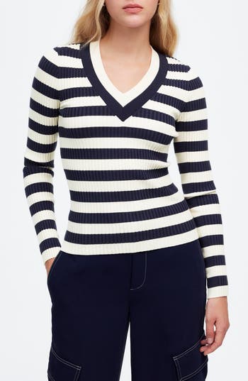 Madewell Stripe V-neck Sweater In Blue