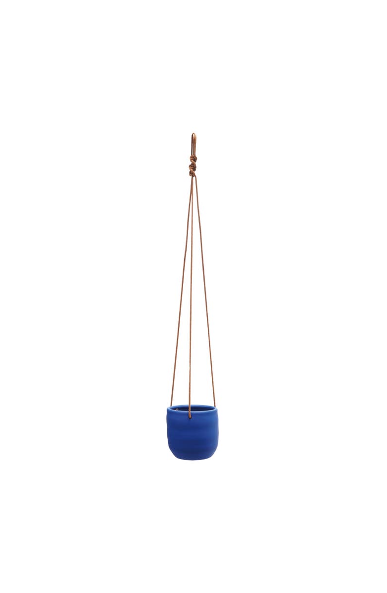 Storied Home Hanging Stoneware Planter with Leather Rope Hanger, Latex Finish, Blue, Main, color, Blue