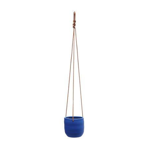 Hanging Stoneware Planter with Leather Rope Hanger, Latex Finish, Blue