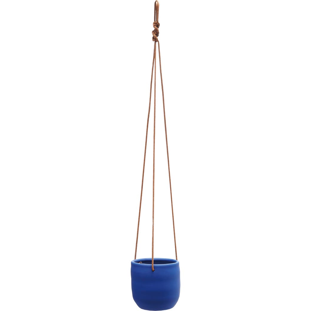 Storied Home Hanging Stoneware Planter With Leather Rope Hanger, Latex Finish, Blue