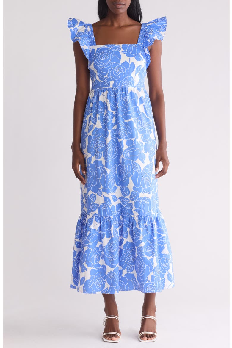 Floral Ruffle Strap Maxi Dress, Main, color, IVORY/BLUE