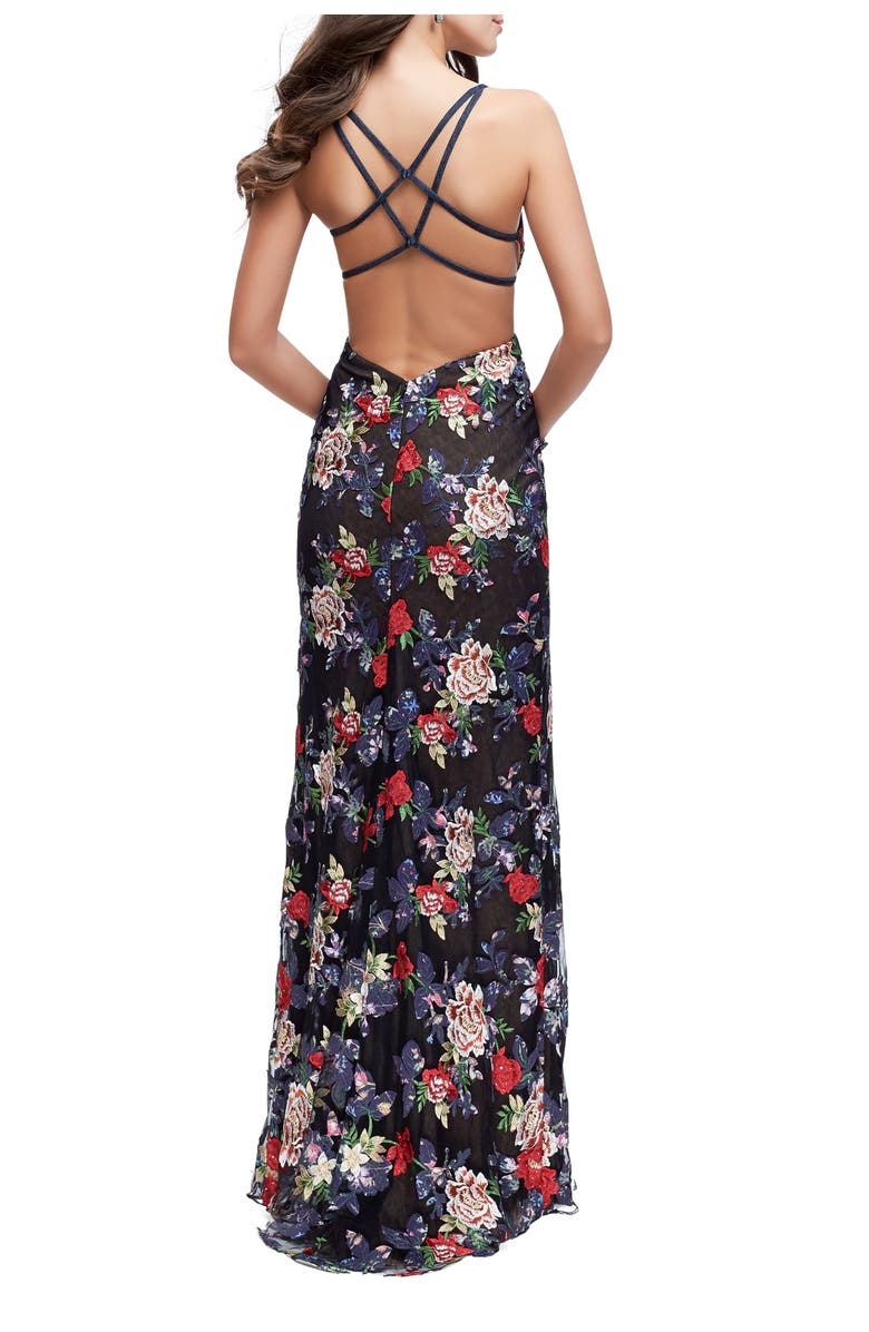 La Femme Floral Print Prom Gown with Plunging Neckline and Leg Slit, Alternate, color, Multi