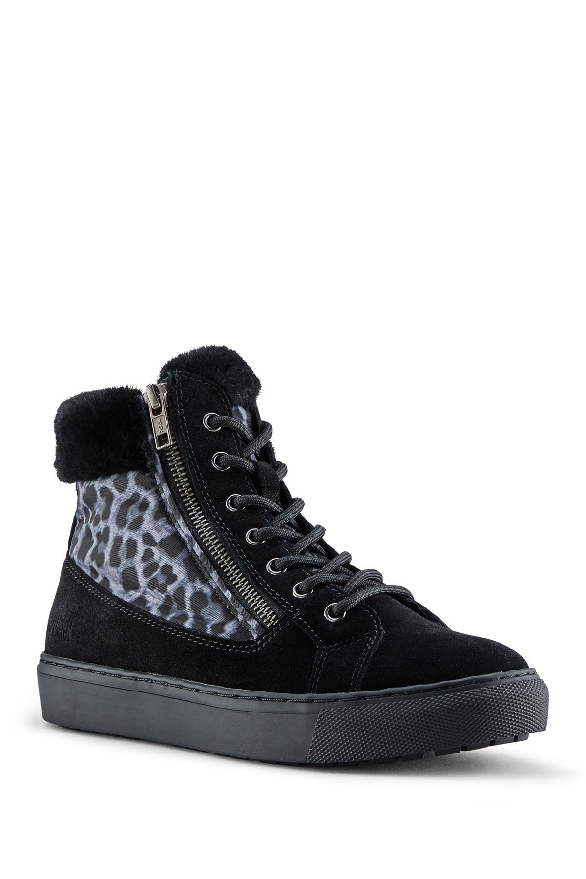 Dublin High Top Sneaker with Faux Fur Cuff, Alternate, color, BLACK LEOPARD SUEDE