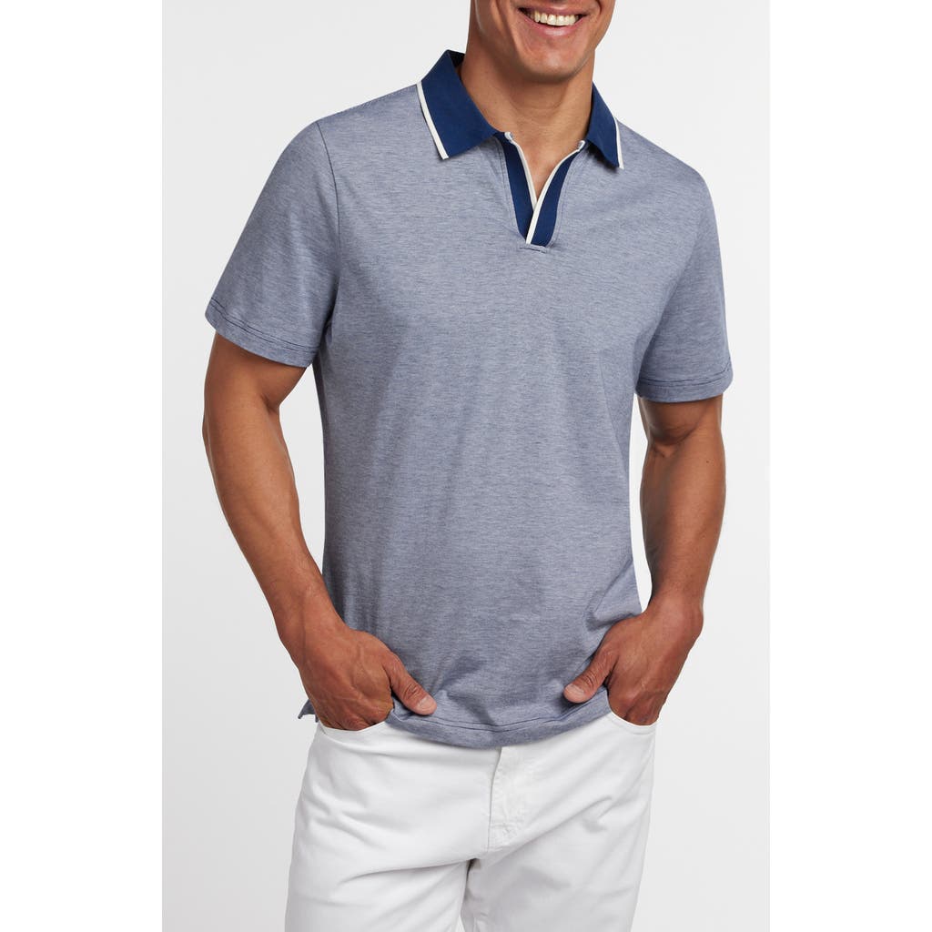 David Donahue Tipped Johnny Collar Cotton & Silk Polo In Blue
