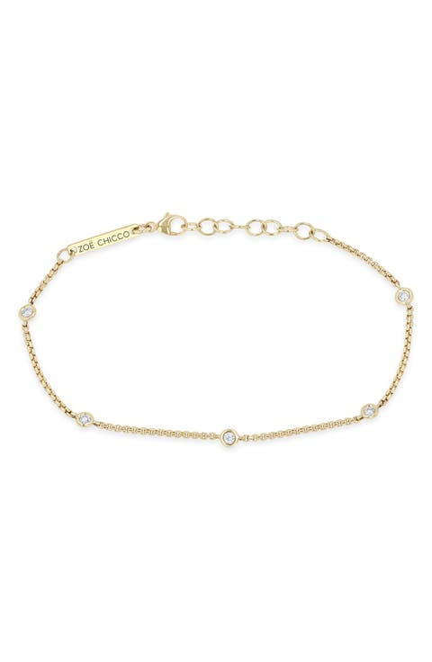14K Gold Floating Diamond Extra Small Box Chain Station Bracelet