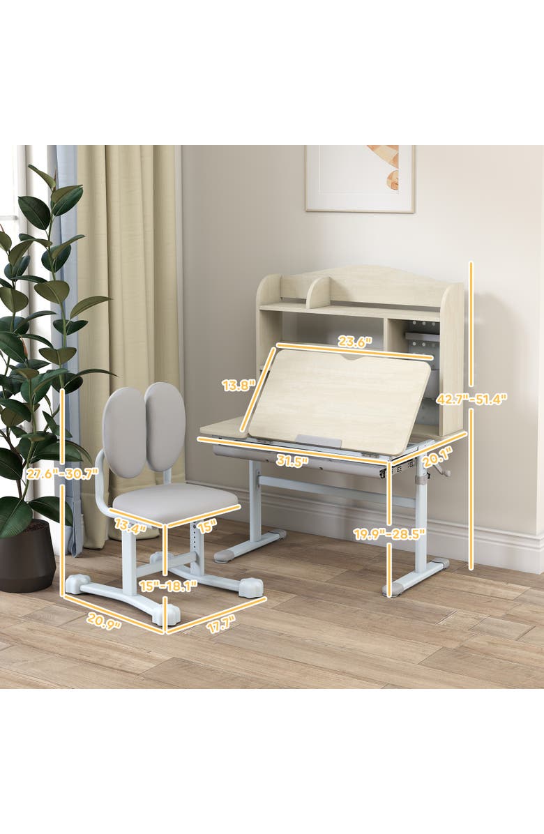 Qaba Adjustable Kids Desk and Chair Set with Tiltable Desktop, Alternate, color, Gray