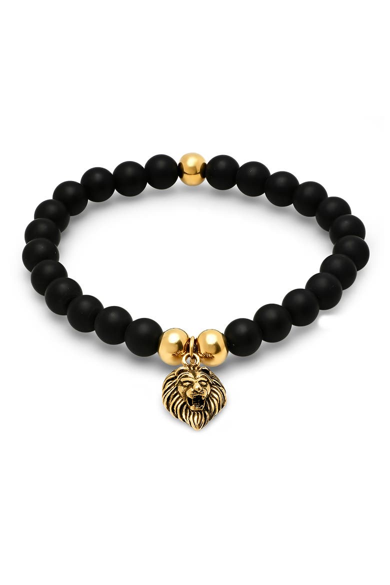 Men's 18K Gold Plated Stainless Steel Lion Charm Lava Beaded Stretch Bracelet, Main, color, GOLD/BLACK