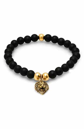 HMY JEWELRY Men's 18K Gold Plated Stainless Steel Lion Charm Lava Beaded Stretch Bracelet