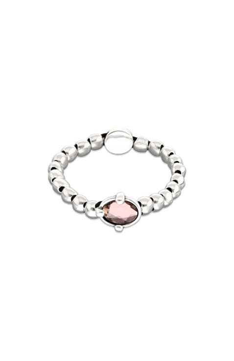 Sterling Silver Plated Ball Elastic Bracelet with Pink Faceted Crystal