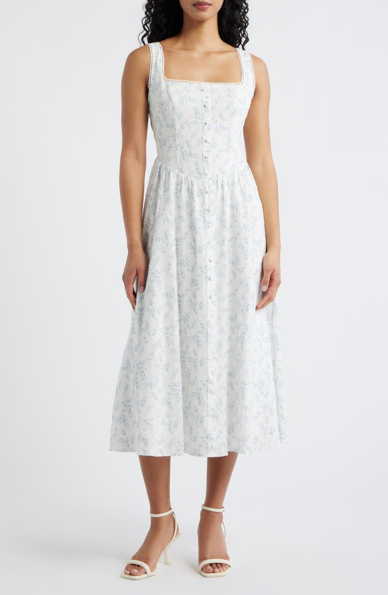 Lulus Becca Ditsy Floral Swiss Dot A-Line Midi Dress, Main, color, Mint/ Blue Multi