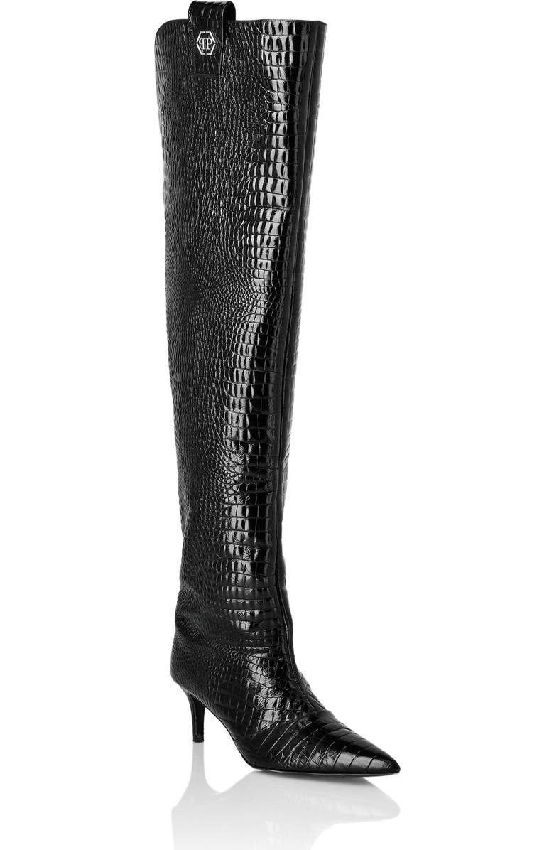 PHILIPP PLEIN Low-Heel Overknee Boots Cocco Print Women, Main, color, Black