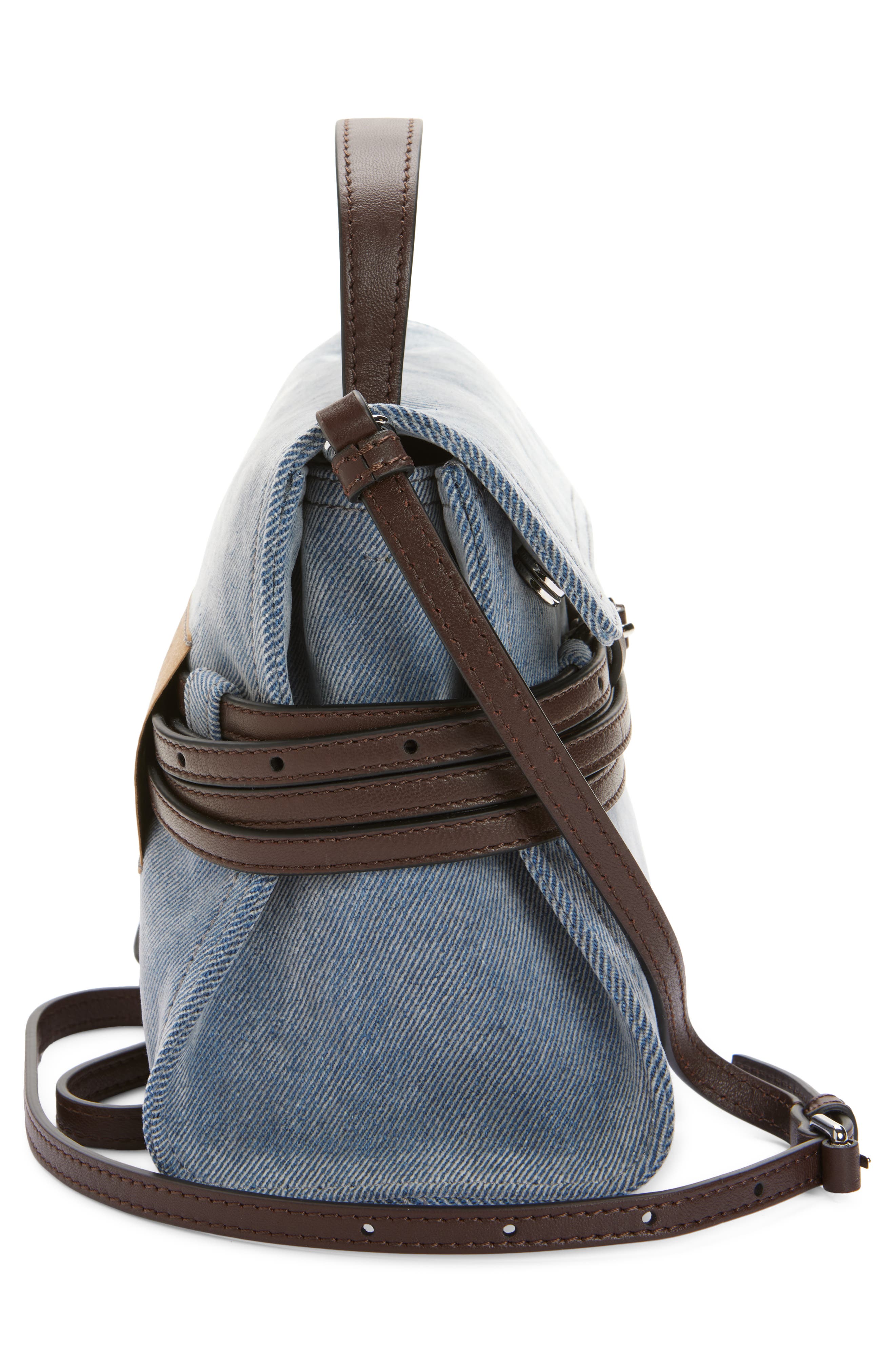 Moschino Tie Me Denim Handheld Bag, Alternate, color, Sky Blue/ Dark Brown