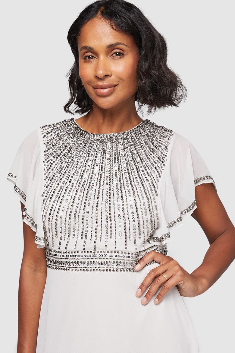 Embellished Ruffle Sleeve Maxi Dress, Alternate, color, Grey