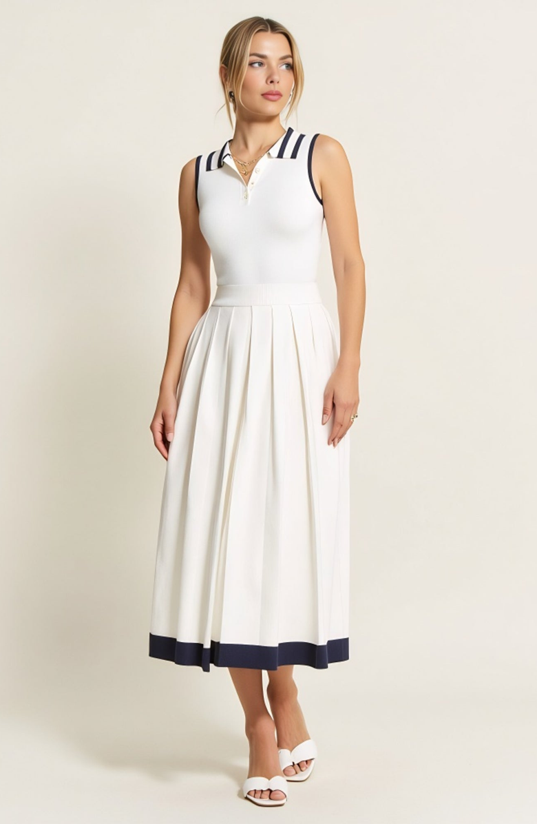 Modenaire Sleeveless Knit Midi Dress with Contrast Collar and Hem Detail, Alternate, color, White