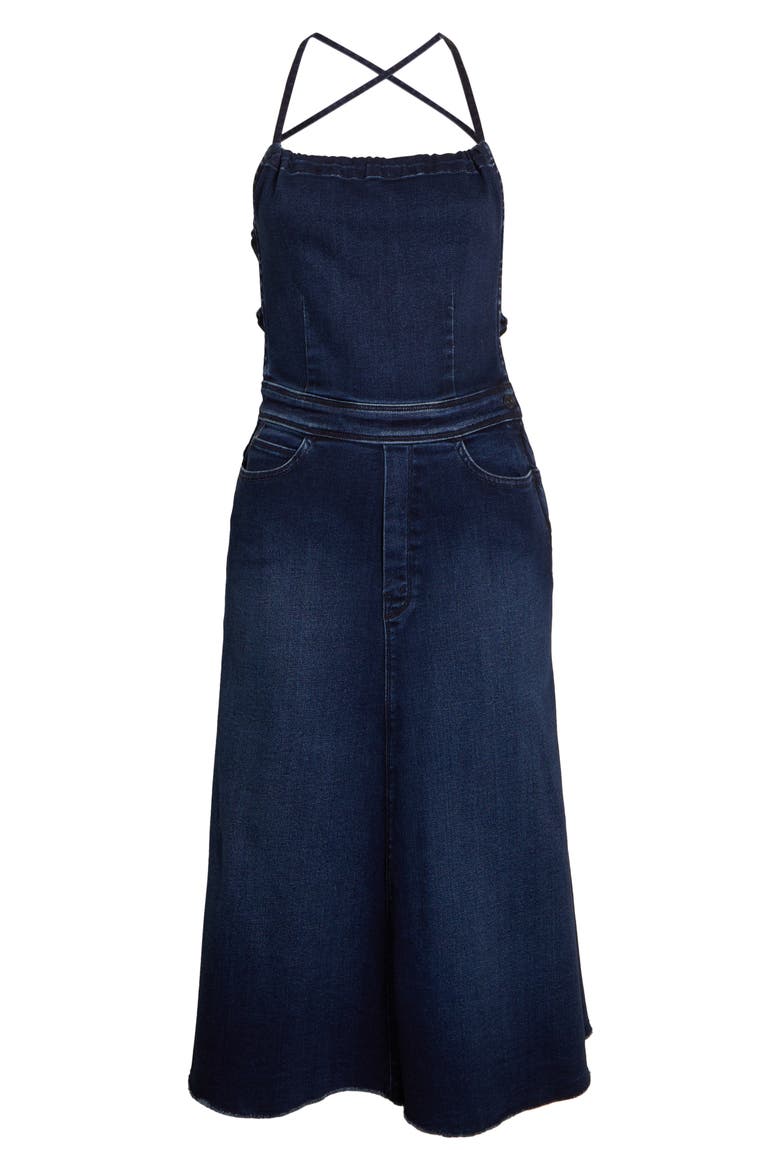 midi dress jeans serut pinggang Rolla's :: Mara Button Down Denim Midi Dress in Deep Blue Wash
