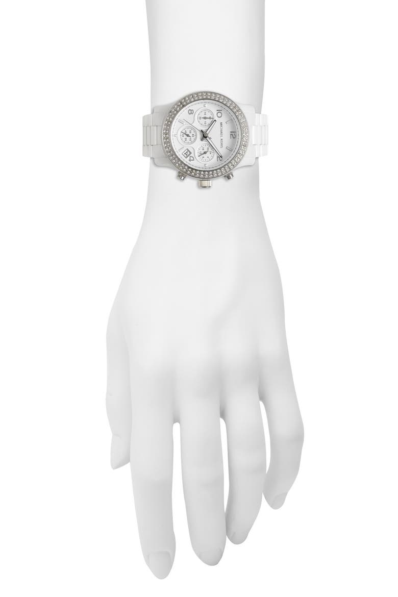 Michael Kors 'Runway Ceramic' Watch, 40mm, Alternate, color, WHITE / SILVER