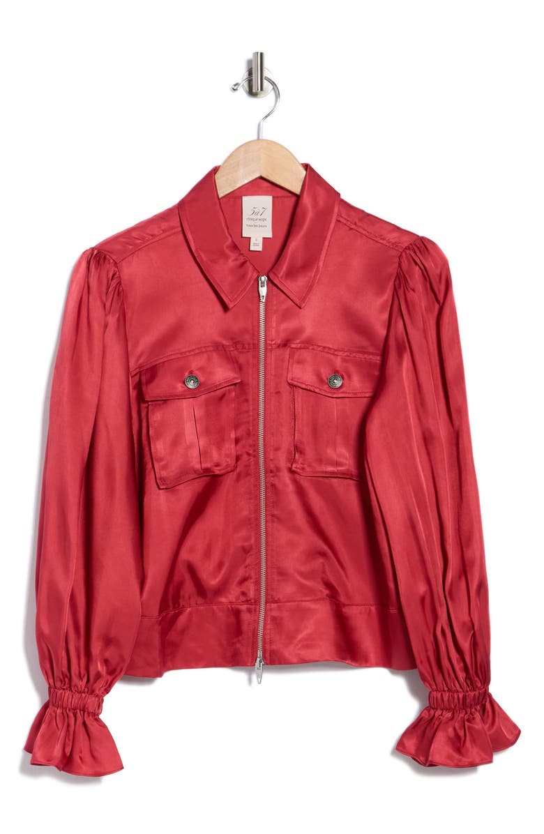 Cinq à Sept Holly Ruffle Satin Twill Jacket, Alternate, color, Red Currant