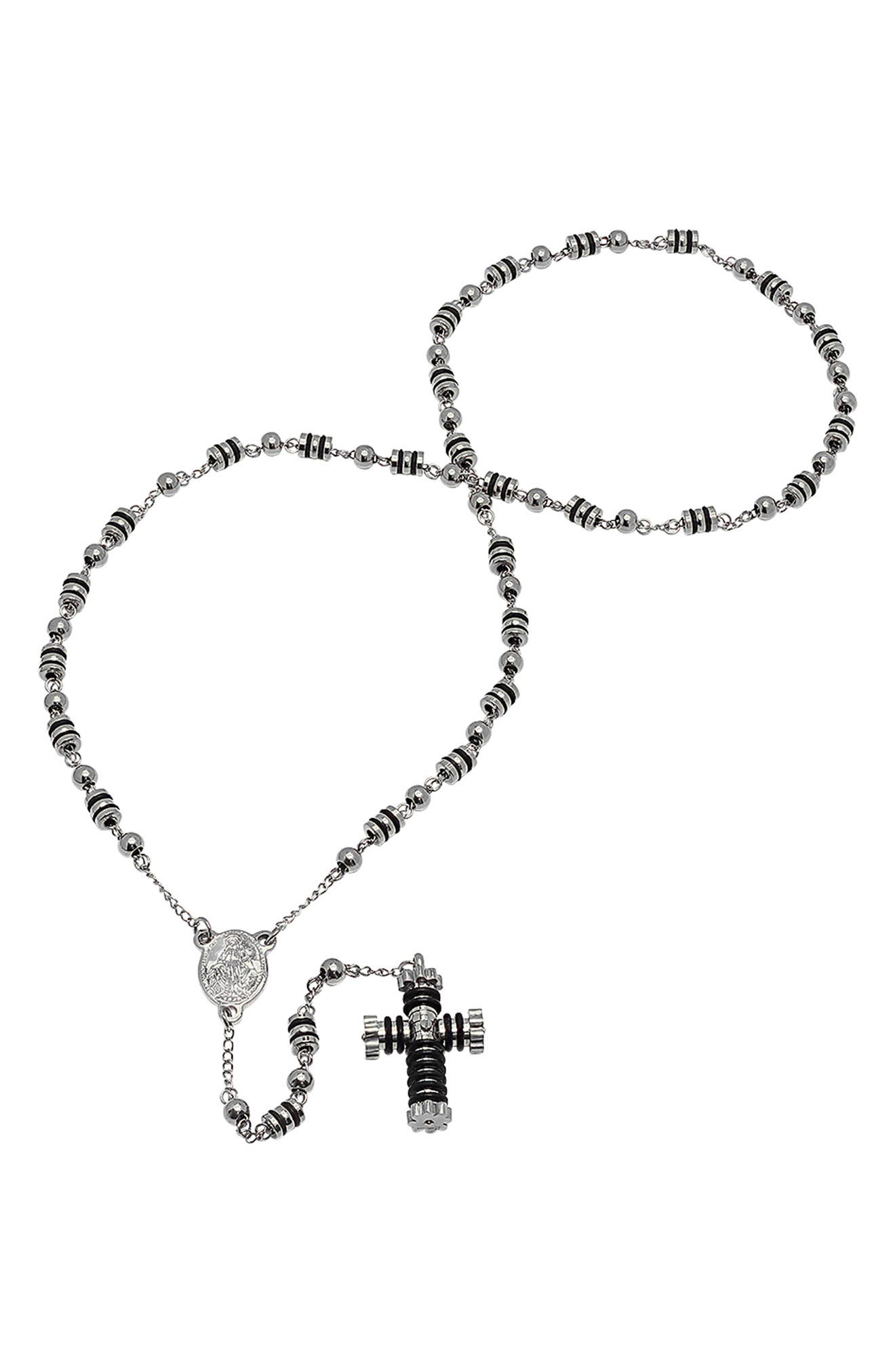 HMY JEWELRY Men's Two-Tone Rosary Cross Necklace