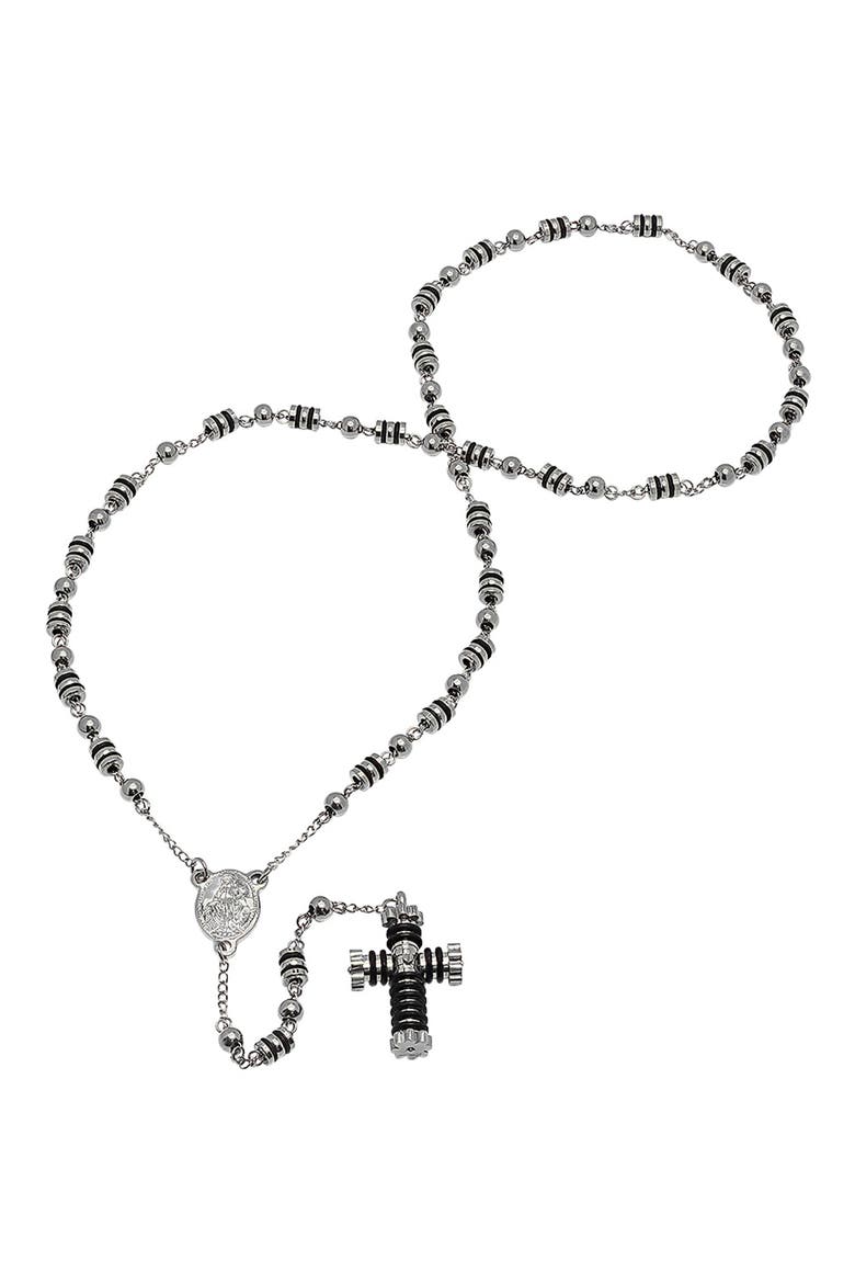 Men's Two-Tone Rosary Cross Necklace, Main, color, METALLIC