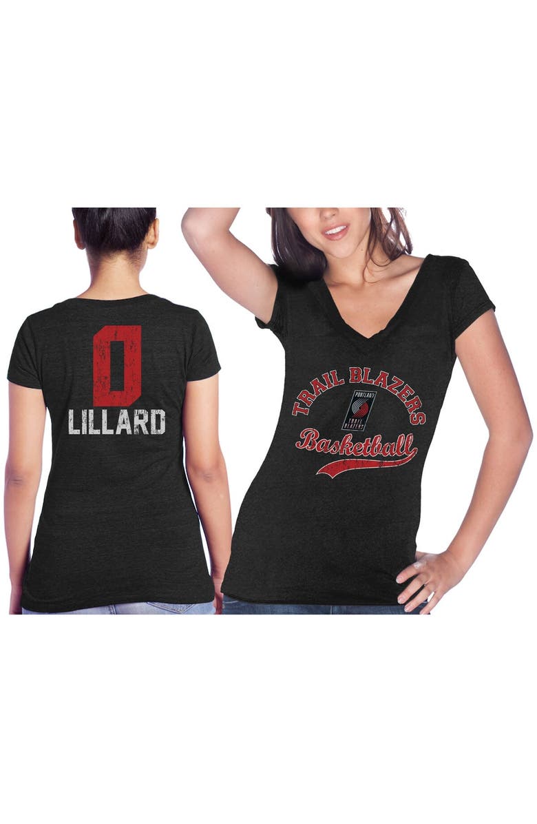 Majestic Threads Women's Majestic Threads Damian Lillard Black Portland Trail Blazers Name & Number Tri-Blend V-Neck T-Shirt, Main, color, 