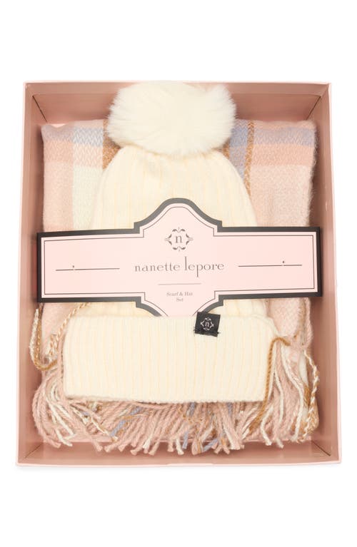 Nanette Lepore Faux Fur Pompom Beanie & Scarf Set In Pink
