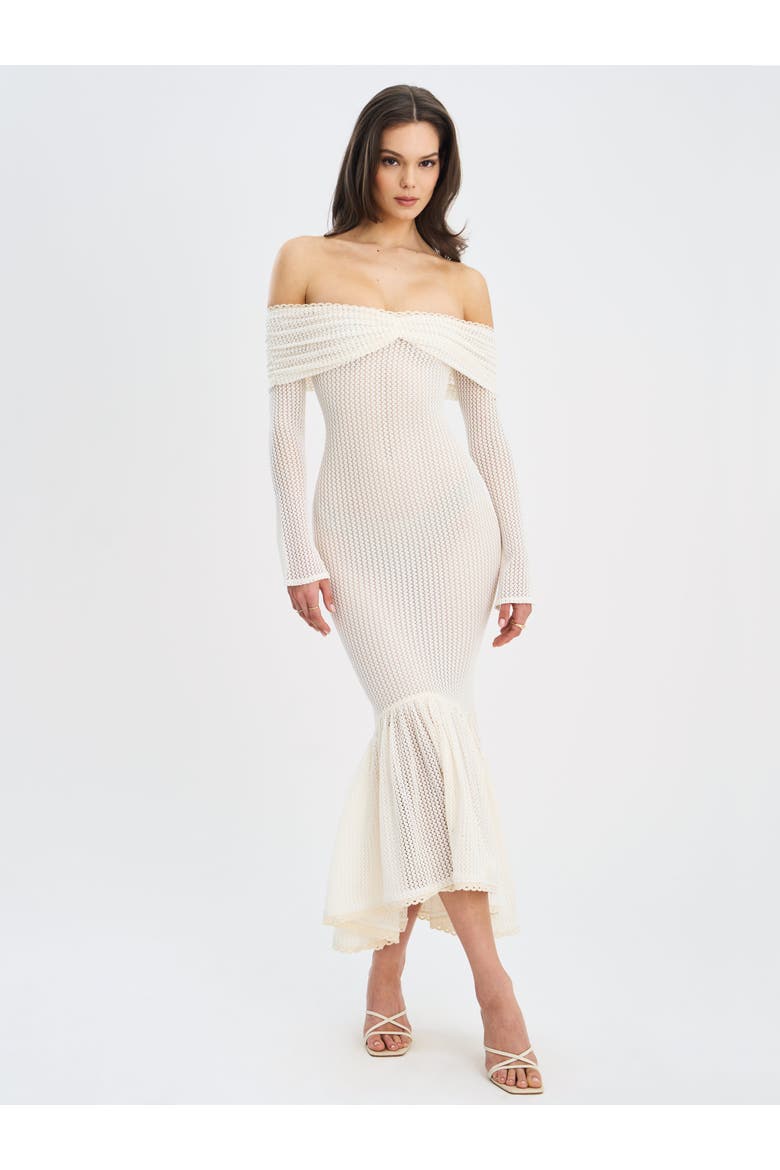 Kaedyn Off Shoulder Long Sleeve Crochet Mermaid Maxi Dress, Alternate, color, Beige