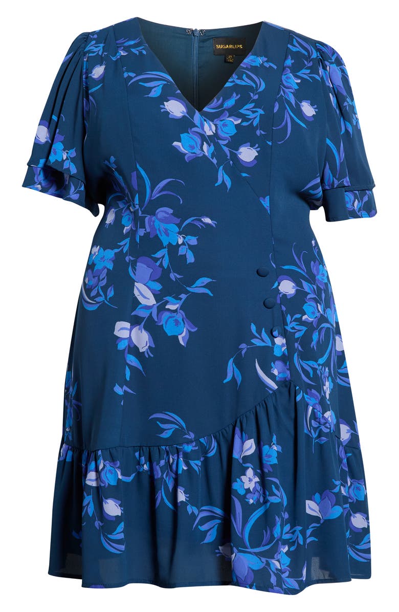SUGARLIPS Niva Floral Print Faux Wrap Dress, Alternate, color, Navy-Blues