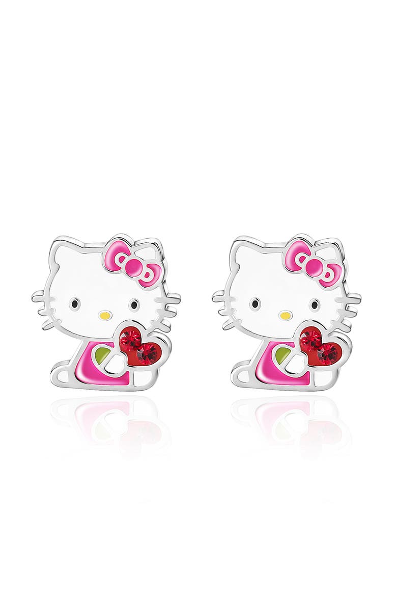 Hello Kitty Silver Plated Crystal Enamel Heart Stud Earrings, Alternate, color, White, Pink