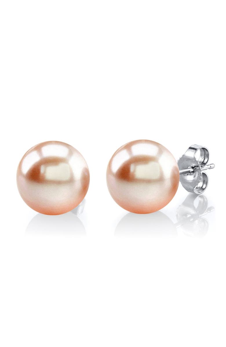 The Pearl Source Freshwater Round Pearl Stud Earrings 10mm, Main, color, Peach Pearl - White Gold