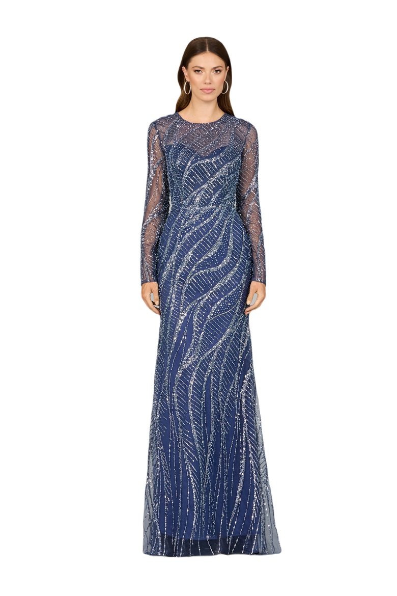 Long Sleeve Sheath Gown with Silver Beads, Main, color, Blue