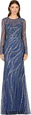 LARA New York Long Sleeve Sheath Gown with Silver Beads