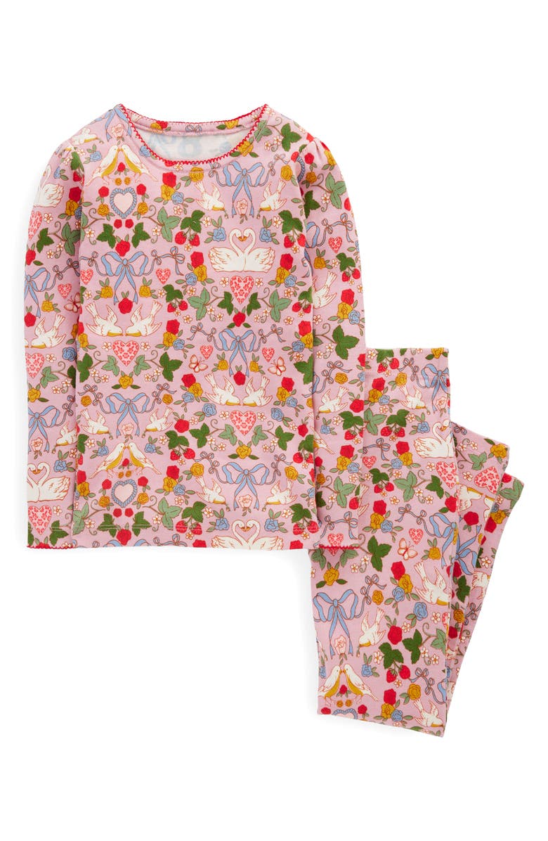 Mini Boden Kids' Print Fitted Two-Piece Pajamas, Main, color, Pink Swan