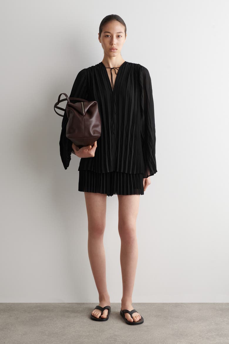 Tie-Front Pleated Georgette Blouse, Alternate, color, BLACK
