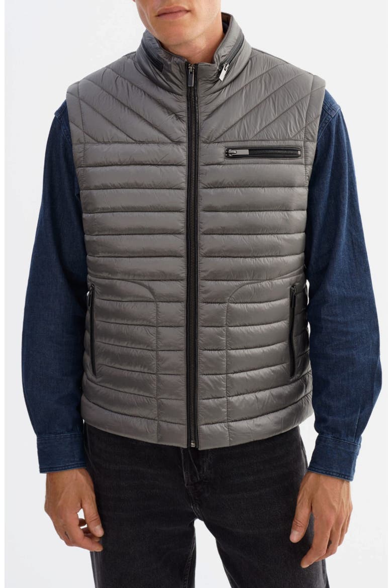 Sammy Quilted Nylon Puffer Vest with Leather Trim, Alternate, color, GREY