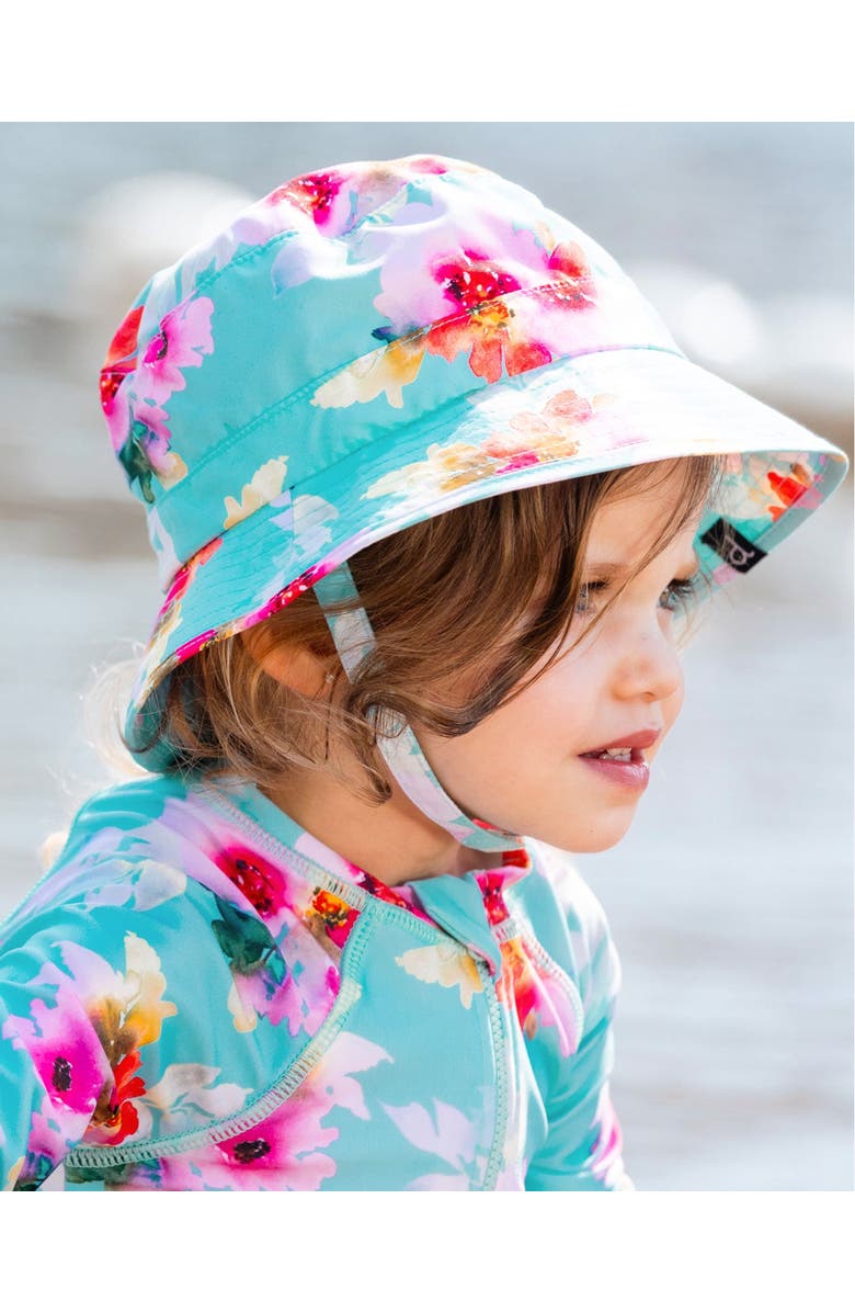 Deux par Deux Little Girl's Printed Beach Sun Hat Turquoise And Pink Flowers, Alternate, color, 