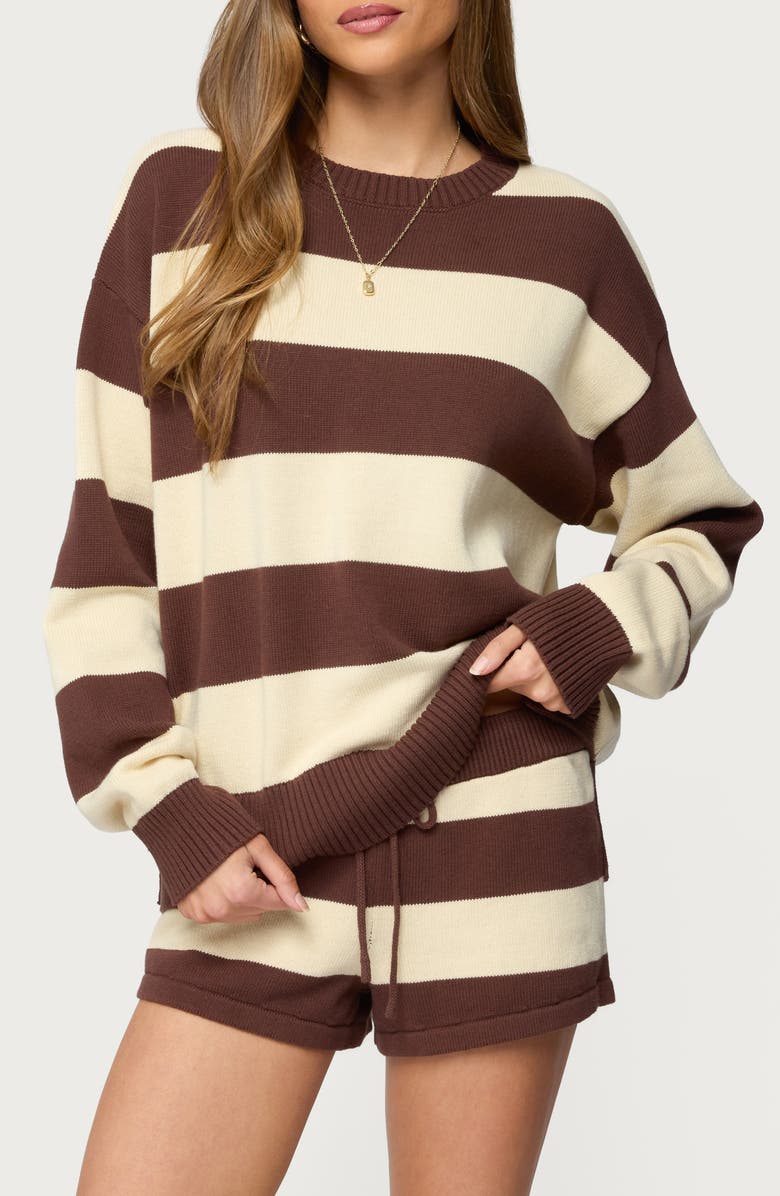 EDIKTED Riley Stripe Oversize Cotton Sweater, Main, color, Brown-And-Beige