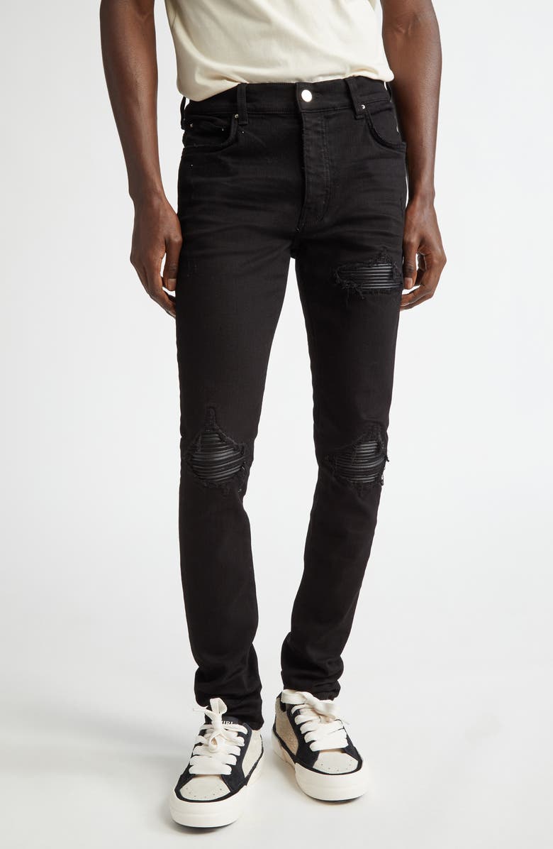 AMIRI MX1 Leather Patch Ripped Skinny Jeans, Main, color, Black Od