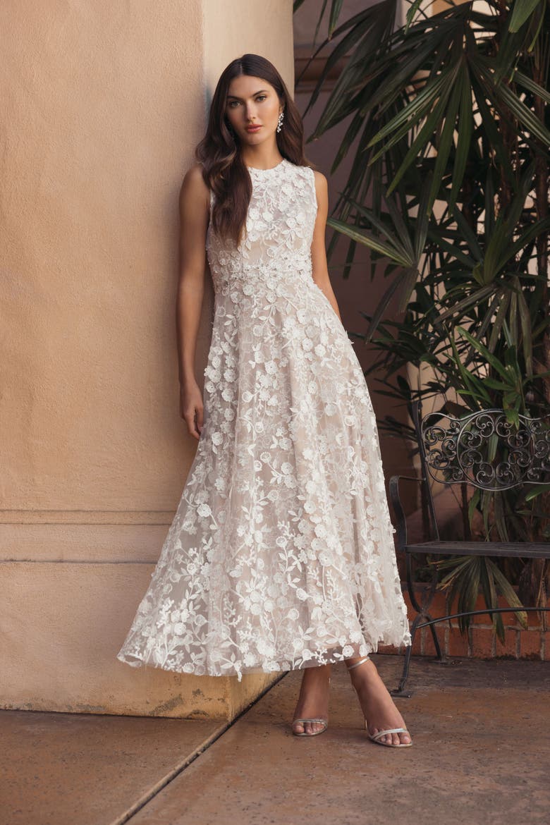 Floral Embroidered High Neck Midi Dress, Alternate, color, Ivory Nude