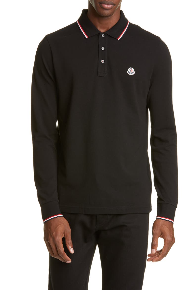 Tipped Long Sleeve Piqué Polo, Main, color, BLACK