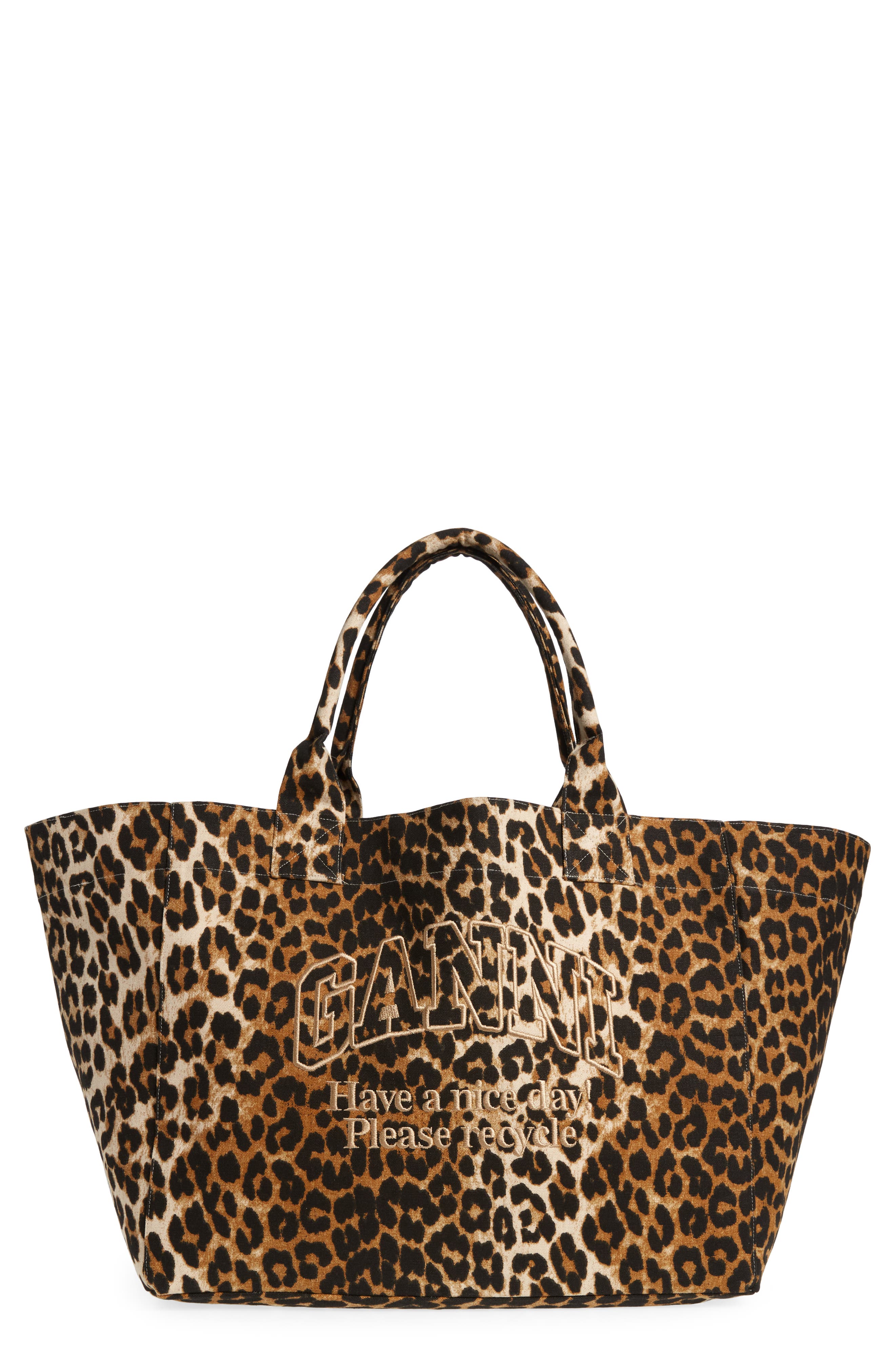 Ganni XXL Leopard Print Recycled Cotton Shopper Tote, Main, color, 