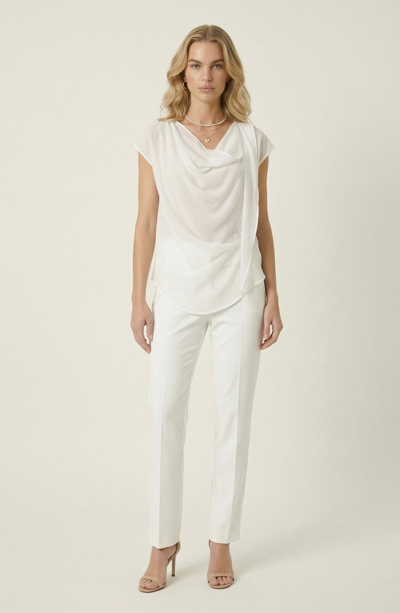Modenaire Draped Cowl Neck Top with Asymmetrical Overlay Detail, Alternate, color, Ivory