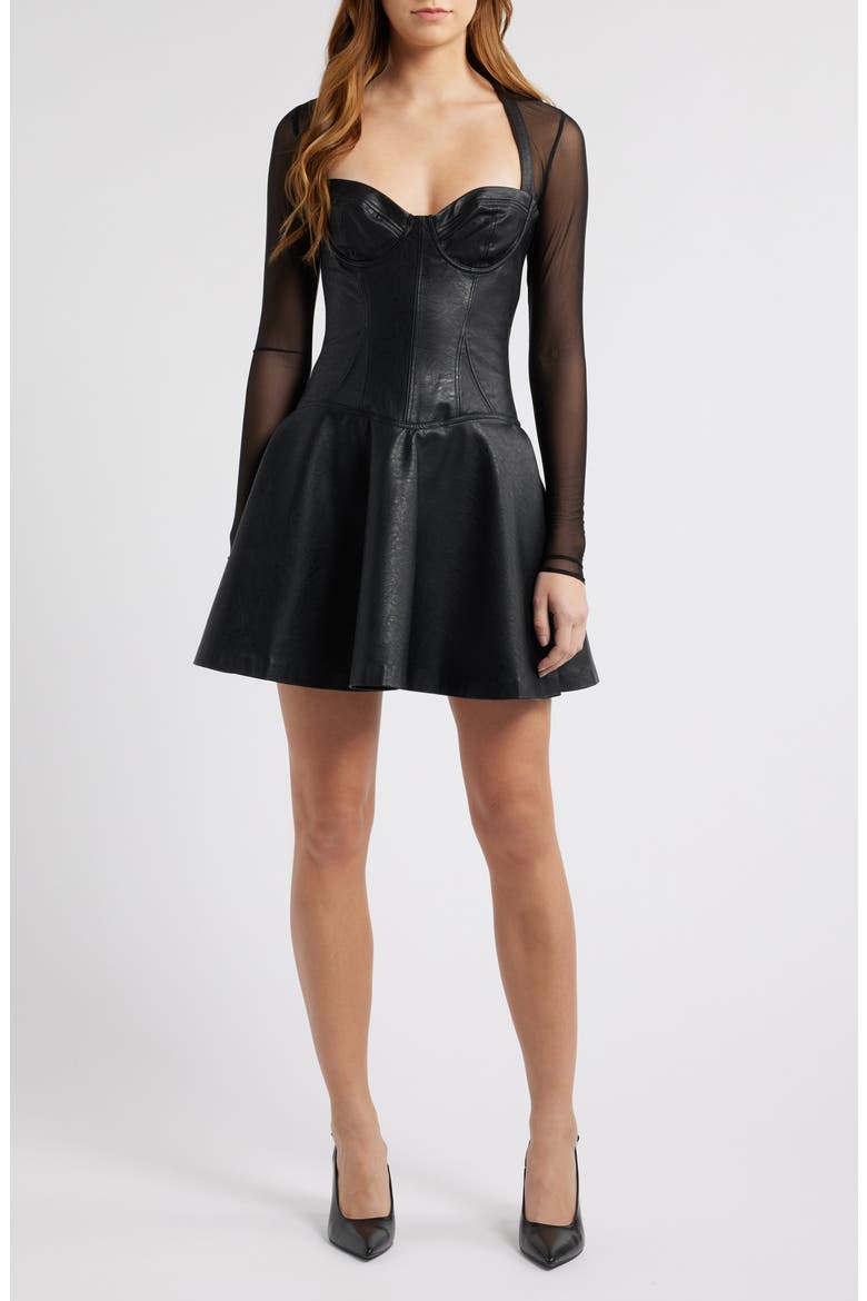 Faux Leather & Mesh Corset Minidress, Main, color, DARK PLUM