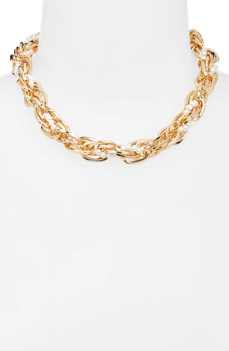 Open Edit Faux Pearl Wrapped Chain Necklace, Alternate, color, White- Gold