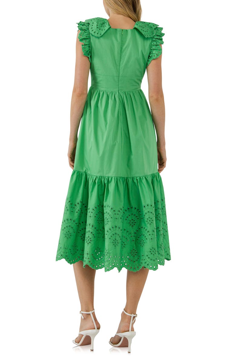 English Factory Eyelet Trim Cotton Midi Dress, Alternate, color, Green