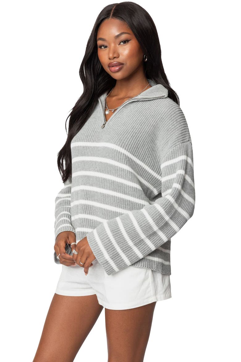 Stripe Oversize Quarter-Zip Cotton Sweater, Alternate, color, GRAY-MELANGE