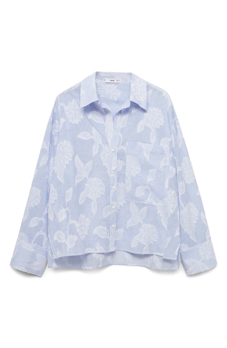 MANGO Oversize Embroidered Floral Stripe Button-Up Shirt, Alternate, color, Sky Blue